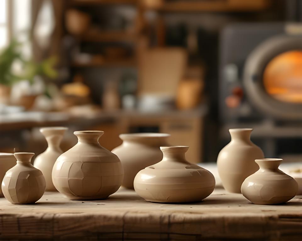 Keramikmeister in einem Zürcher Atelier mit frisch geformten Tonstücken und Brennöfen im Hintergrund
