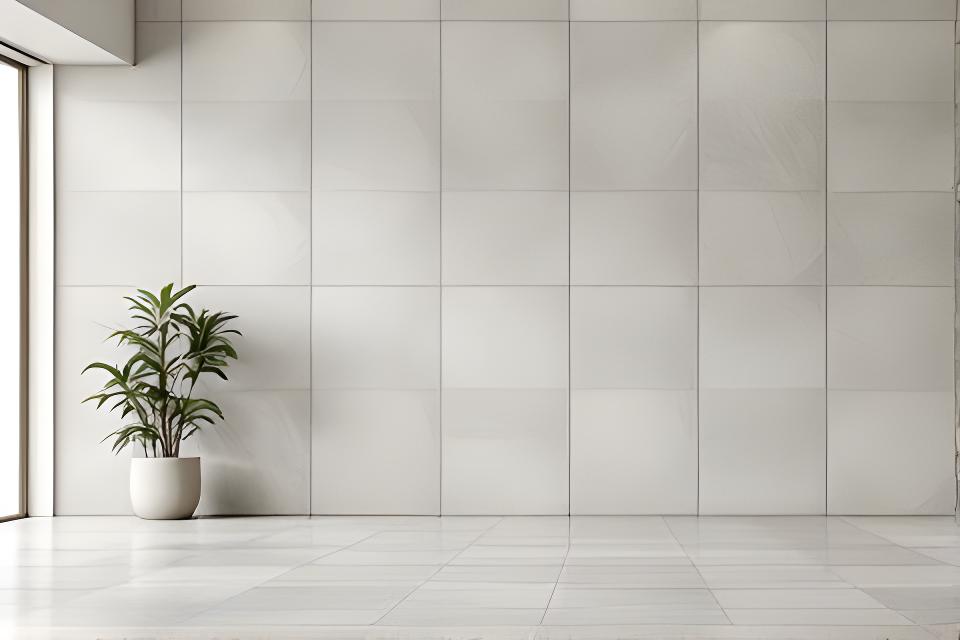 Grossflächige keramische Fliesenwand in einer eleganten Innenarchitektur mit feiner Struktur
