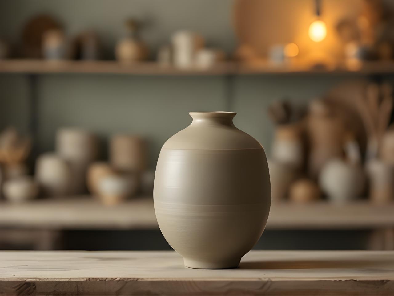 Handgefertigte Keramikvase mit matter Glasur in einem Zürcher Atelier, warmes Licht fällt auf die Oberfläche