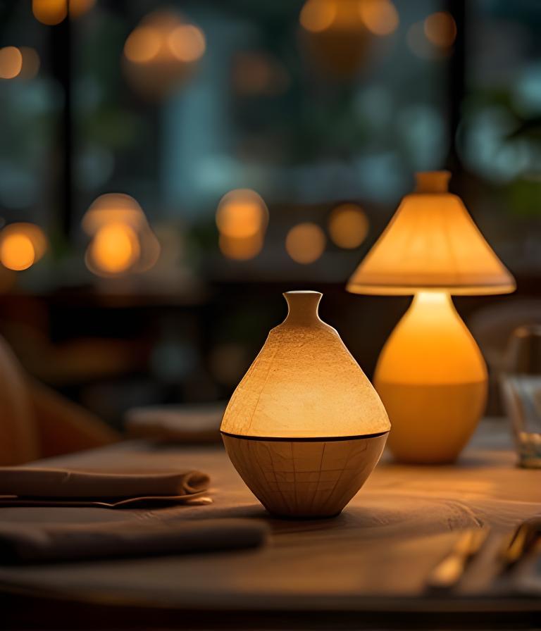 Individuell geformte Tischleuchten aus Keramik in einem stilvollen Restaurant mit gedämpftem Licht