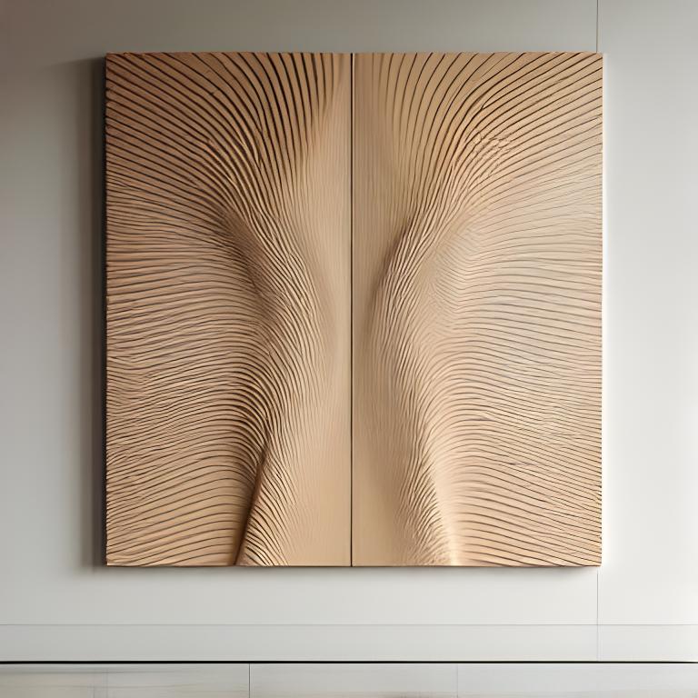 Keramisches Wandrelief mit rhythmischen Linien in einer hellen Galerie
