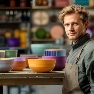 Keramikdesigner Nico Furrer neben farbigen Glasurproben und frisch gebrannten Schalen