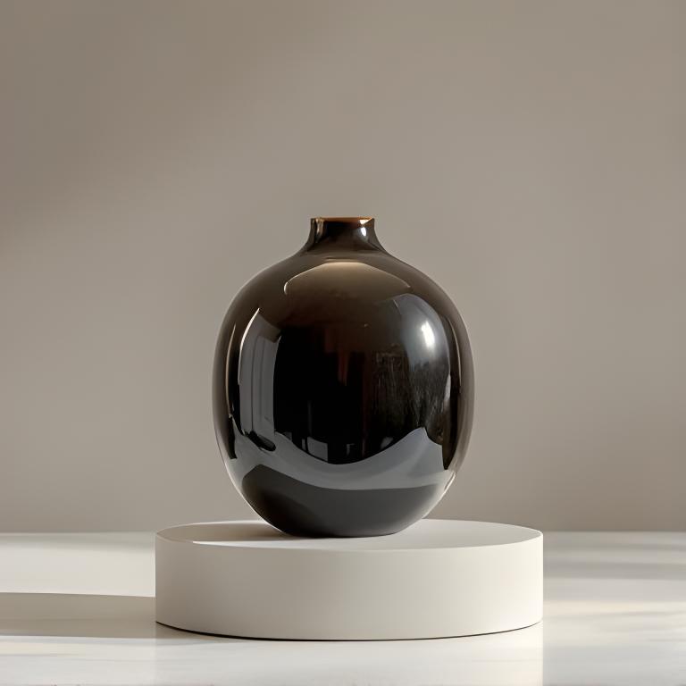 Hochwertige Vase mit dunkler Glasur auf hellem Sockel in einem ruhigen Ausstellungsraum