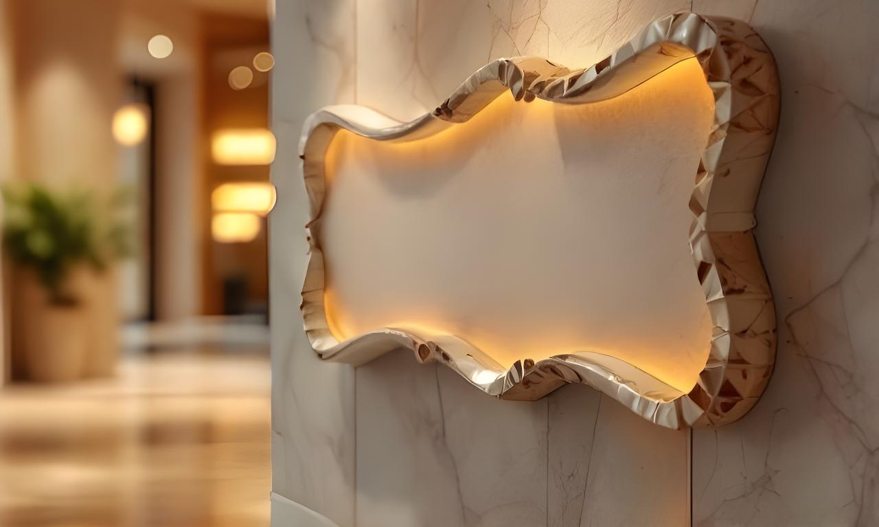 Keramische Hotelbeschilderung in warmer Empfangssituation mit klaren Hausnummern und dezenter Glasur