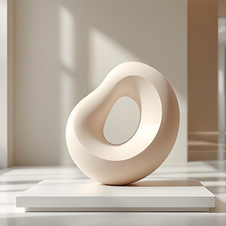 Abstrakte Keramikskulptur mit matter Oberfläche in einem hellen Ausstellungsraum